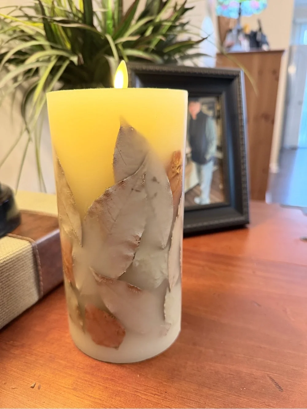 Vintage flameless Cream with Leaf accents  Pillar Candle